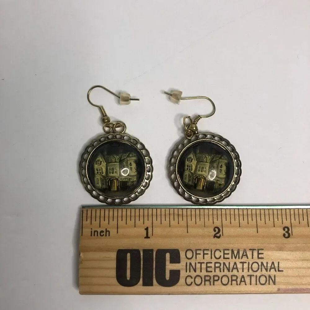 vintage abandoned haunted house round glass earrings halloween steam‎ punk